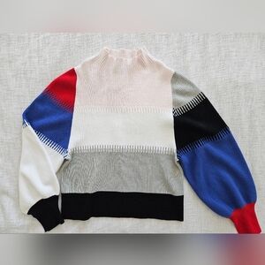 Bold Colour Block Unexpected Contrast Balloon Sleeve Funnel Neck Sweater